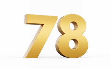 3D Golden number 78 Seventy eight isolated on white background, 3d illustration
