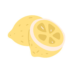 A group of fresh lemon fruits. One whole and half citrus is isolated on a white background. flat illustration with doodle lines. Vector of yellow lemon fruits. A taste for tea drinking
