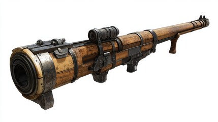 A stunning steampunk-inspired sniper rifle set against a neutral background. This weapon combines elegance with functionality in its design. Perfect for fantasy and gaming themes. Generative AI
