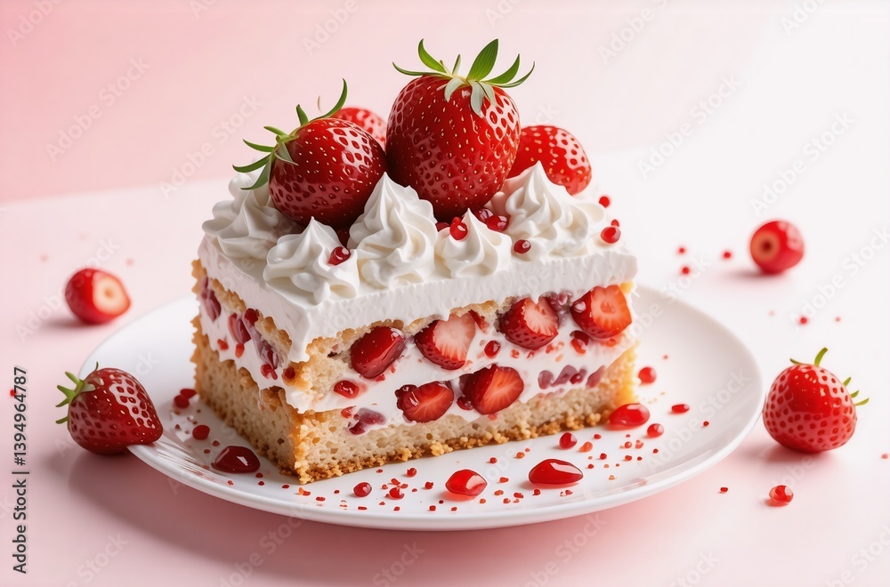 Poster a delicious strawberry cake, layers filled with fresh strawberries and topped with whipped cream. se