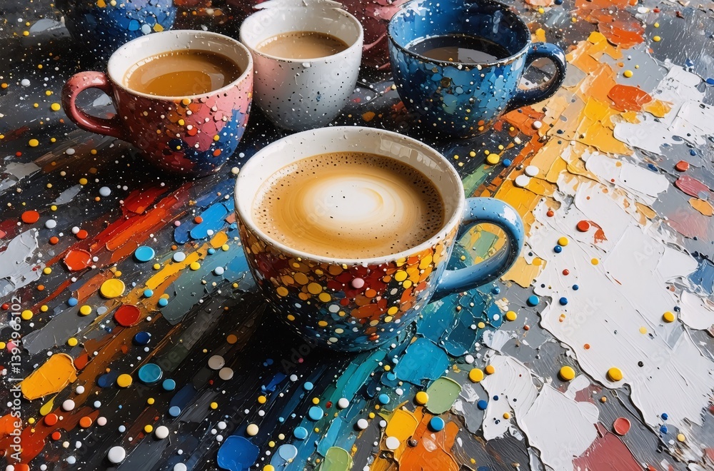 Aufkleber a vibrant scene of coffee cups, each unique, set amidst colorful splashes and abstract details. hint