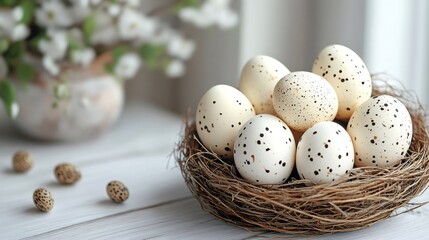 Obraz premium Easter eggs with dark spots resting in a nest on a white table