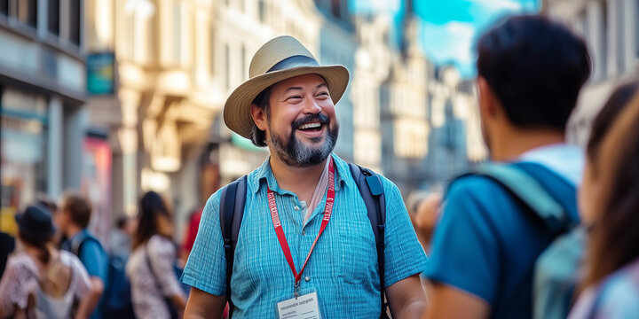 Tour guide leading a group of visitors to tourist attractions, giving them information and insights, pointing at local architecture.