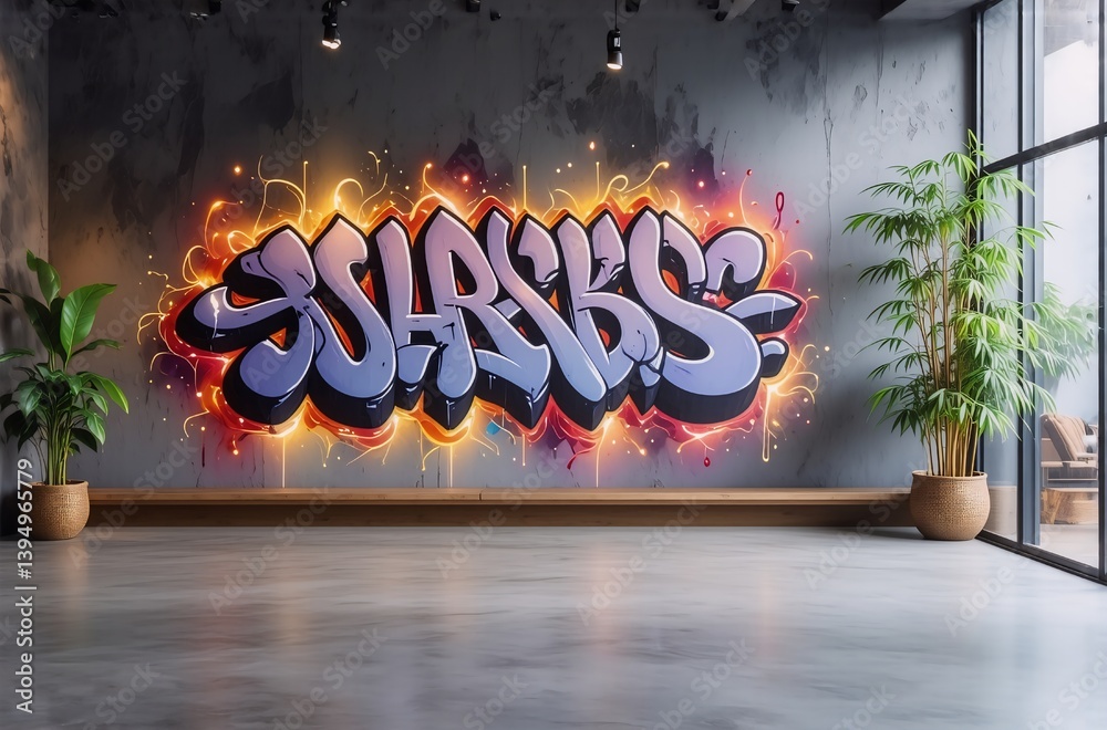 Poster a modern space displays vibrant graffiti art with an illuminated aura on a textured wall, flanked by