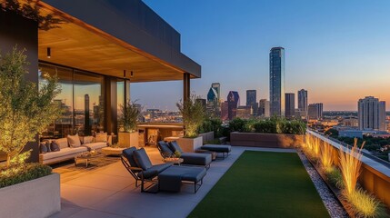 Fototapeta premium Rooftop green terrace with warm ambient lighting, shaded sitting areas, and a dreamy city skyline at dusk