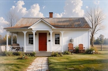 A quaint white cottage with a red door stands amidst a field. It's a warm day, showcasing outdoor furniture and a brick pathway. The landscape also includes a tree and hints of autumn.