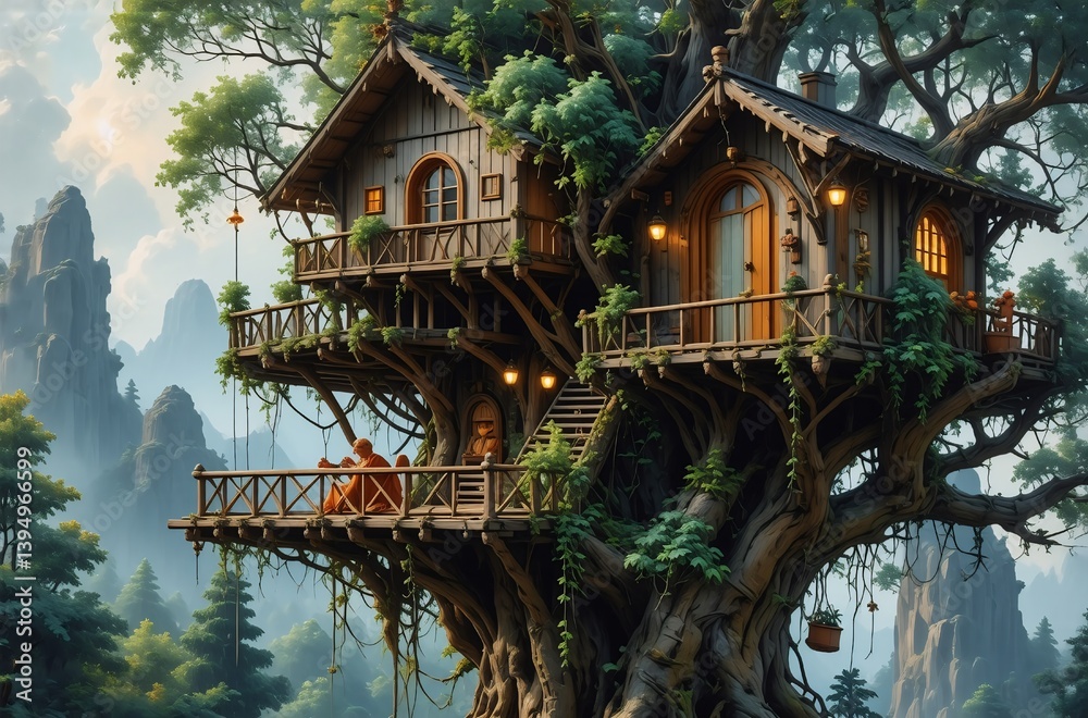 Aufkleber an enchanting treehouse nestled amidst lush greenery and mountains, bathed in warm light, hints of n