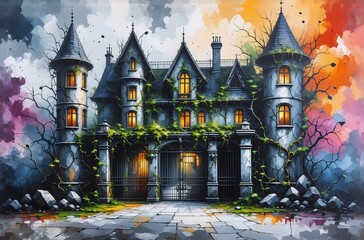 A captivating watercolor painting of a grand, gothic castle. It has ornate architecture and a vibrant, colorful sky. The scene is enchanting and evocative.