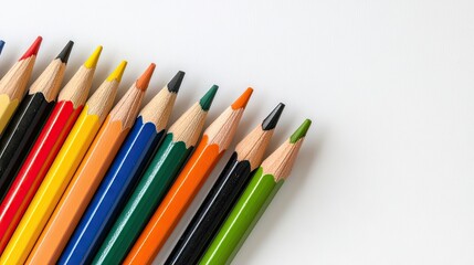 Fototapeta premium A precise row of black pencils, perfectly aligned on a clean white background, minimalist aesthetic.