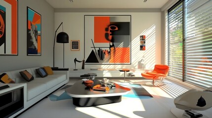Stylish living room with a blend of modern art, clean geometry, and multifunctional furniture