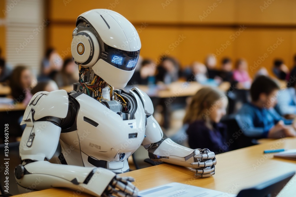 Poster advanced robot attending a lecture in a modern classroom setting