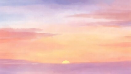 Watercolor Sky Gradient At Sunrise With Birds Flying In Calm Atmosphere