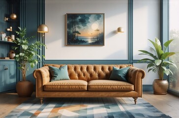 A cozy living room, decorated with an artwork, a luxurious couch, and plants. The space feels inviting, offering a sense of calm. Natural light illuminates the elegant setting.