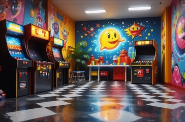 A retro-themed room featuring vintage game consoles, colorful murals, and a checkered floor creates a nostalgic vibe for amusement and entertainment.