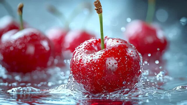 A fresh red cherry splashing into water, surrounded by droplets, creating a dynamic and refreshing composition