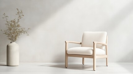 Minimalist, light-filled room with a cream armchair and vase.  Sunlit, neutral, modern space showcasing a comfortable, simple design