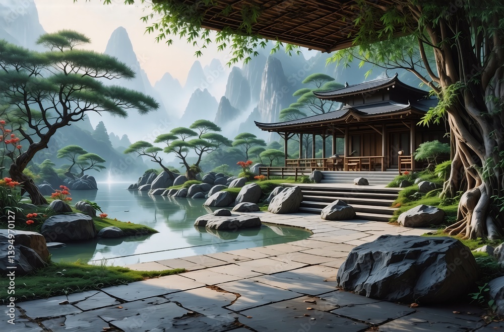 Poster a tranquil garden scene with a traditional building and scenic mountains reflected in a lake under a
