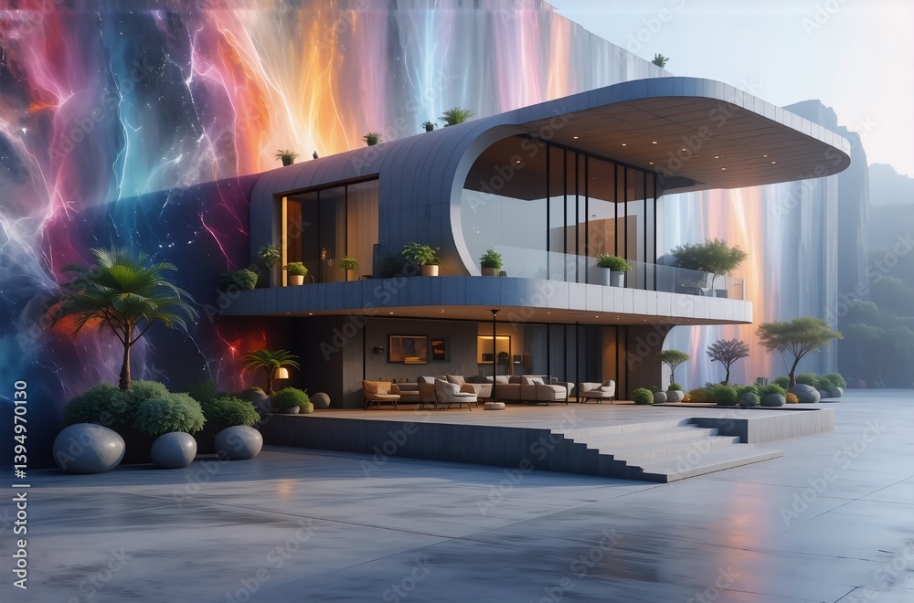 Poster a futuristic dwelling stands before a vibrant wall. the design hints at a serene, modern lifestyle. 