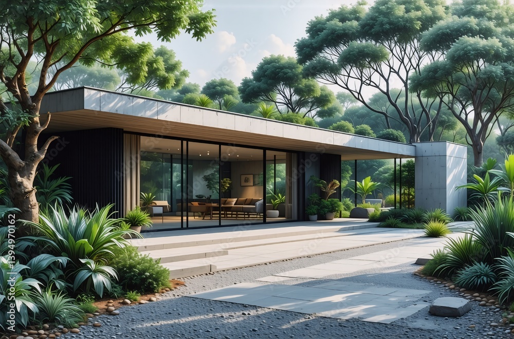 Poster modern residence, seamlessly blending with lush, thriving nature. sunlight filters through the trees