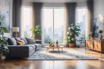 Here's a description and a list of keywords:

A bright, airy living space with natural light, a comfortable couch, plants, and wooden furniture. The room has large windows providing an urban view. A r
