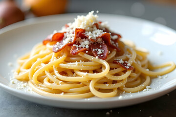 Delicious Carbonara Delight, A Close-Up of Perfectly Cooked Spaghetti with Crispy Bacon and Grated Cheese on a White Plate, Evoking Comfort Food