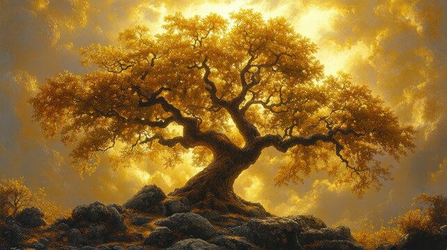 Golden tree atop rocky hill, radiant sun