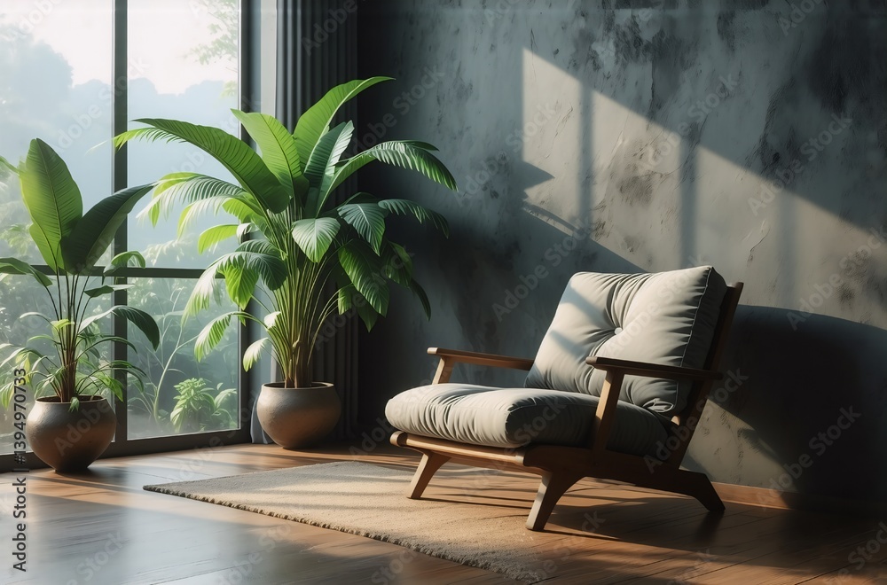 Poster a cozy interior scene features a comfortable chair bathed in sunlight. potted greenery adds a touch 