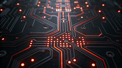 Dark circuit board featuring neon cracks and red error signals, perfect for tech-themed visuals or digital art.