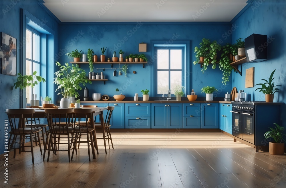 Poster a blue, rustic kitchen with wooden floors is filled with natural light. potted plants adorn the spac