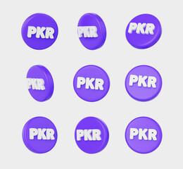 3D Purple coins with a white Pakistani Rupee PKR symbol, representing finance. 3D Illustration