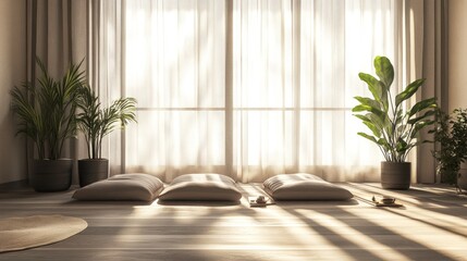 Warm and peaceful zen-style room with floor cushions, large plants, and light streaming through sheer curtains