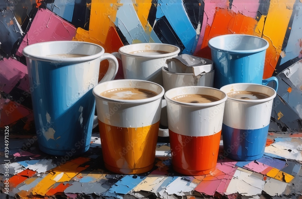 Leinwandbilder colorful mugs filled with coffee, set against a vibrant abstract background. the scene evokes a sens