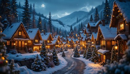 Fototapeta premium Cozy Winter Village at Night with Snow Covered Houses and Christmas Lights