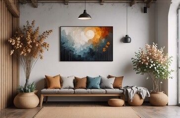 The room features a modern aesthetic, showcasing a comfy couch with pillows beneath a sunset-style artwork. Dried plants in pots flank the couch, and the neutral tones create a cozy ambiance, enhanced