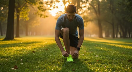 Man tying his running shoes before morning jog in the park, active lifestyle concept, early morning light – stock photo style