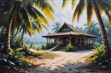 A serene tropical scene with a small house nestled amongst lush palm trees. A hammock hangs invitingly, with a path leading to the front of the house. The tranquil atmosphere captures a dreamy island 