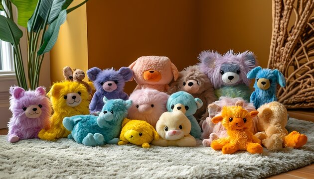 A pastel rainbow of cuddly plush animals, a delightful collection of huggable friends in soft, fluffy textures gathered for a playful moment.