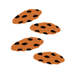 Hand-drawn illustration of four chocolate chip cookies on a white background. Simple and flat design style, suitable for food-themed projects.