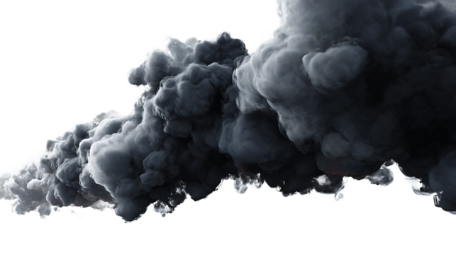 Dark black smoke clouds isolated on transparent for compositing  
