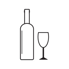 Line art of a wine bottle next to a stemmed glass.
