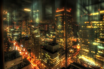 Night city lights reflected in a window