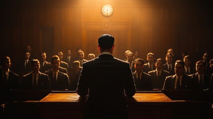 A lone speaker captivates a tense courtroom, passionately engaging the audience in the dim light