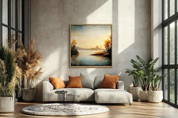 Fototapeta premium A modern living room featuring a cozy sofa, vibrant cushions, and a beautiful landscape painting that inspires calmness.