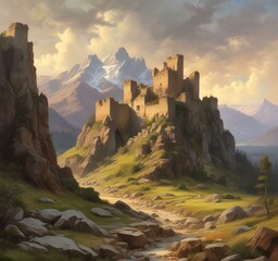 Fototapeta premium Illustration of landscape with old castle ruins.
