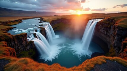 Fototapeta premium Captivating photo of Fjadrargljufur, Iceland, at dawn with sunny weather, captured from above.