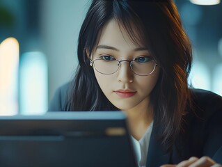 Focused Businesswoman Working on Laptop in Modern Office