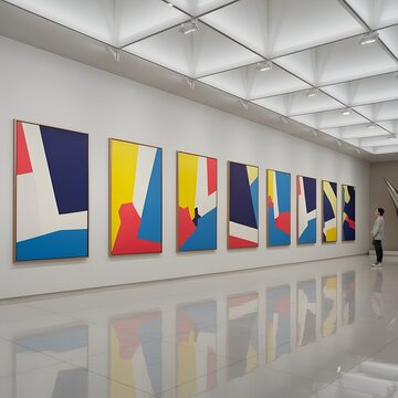 Modern art gallery interior with large colorful abstract paintings and reflective floor in minimalist contemporary museum space