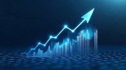 Stock market graph with blue arrow rising upward representing economic growth, success and financial trend