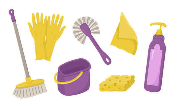 Vector set of household items for spring cleaning. Horizontal banner for various designs with sanitary attributes for cleaning.