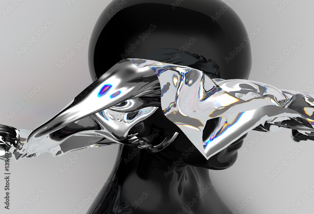 Aufkleber abstract 3d illustration of a glossy black mannequin head merged with flowing, translucent liquid or